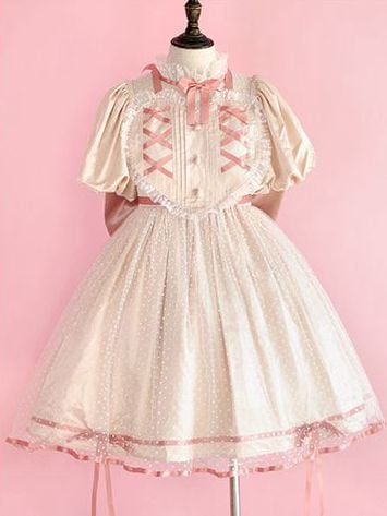 Jewel Heart Ruffle Neckline High Waist Lace-up Closure at Back Short Sleeves One Piece