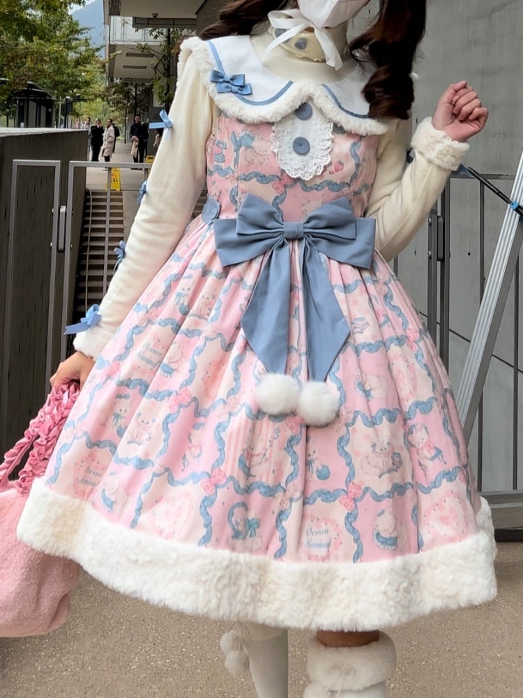 Kitty Embroidery Collar Sweet Pink and Blue Winter Jumper Skirt - Sukuroi