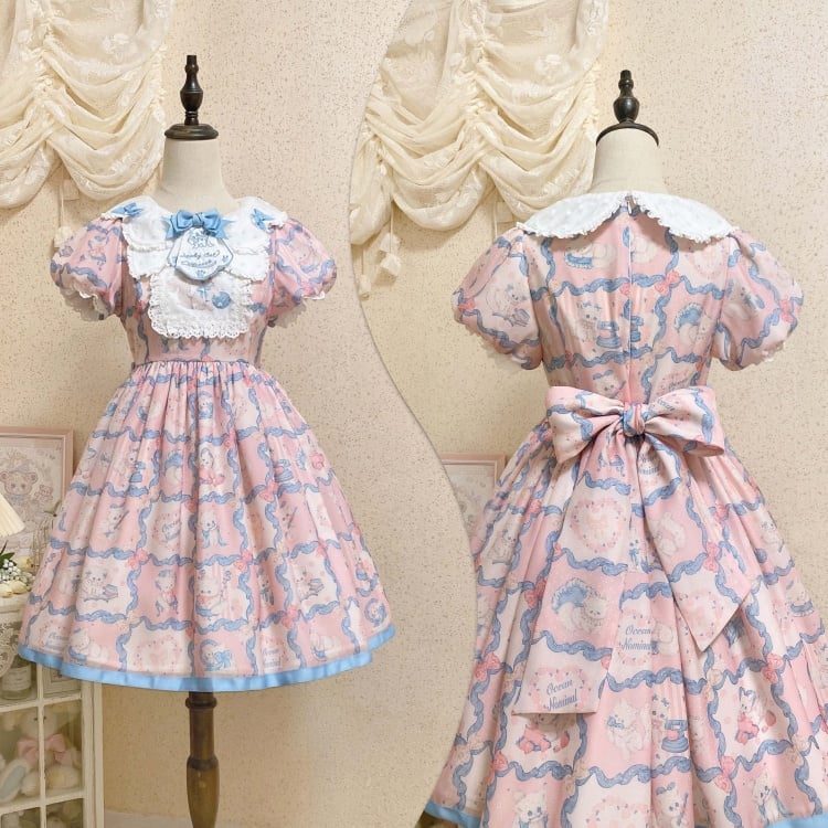 Pink and Blue Sweet Kitty Print High Waist One Piece - Sukuroi