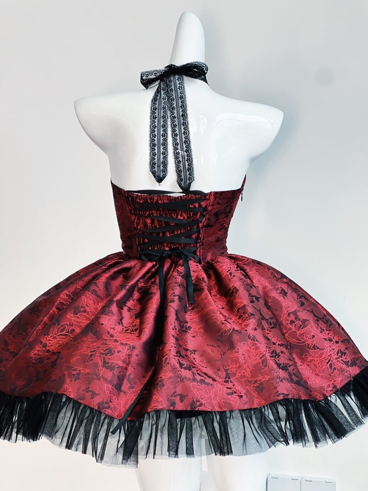 Rosette Print Black and Red Strapless Basque Waist Short Dress
