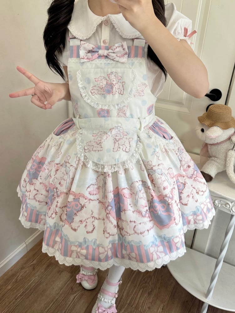 Sweet Lamb and Bowknot Print Pink and Purple Stripes Overalls