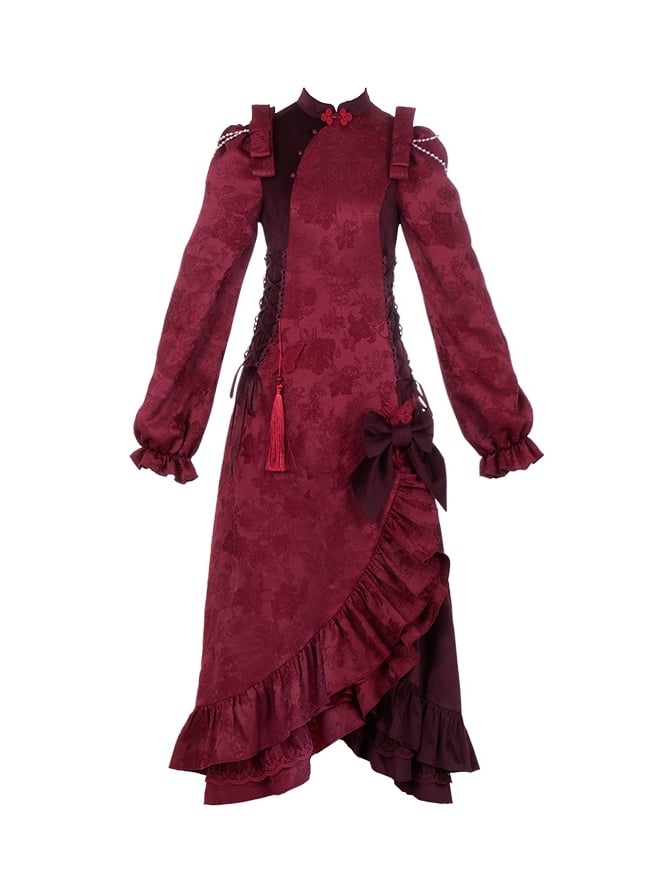 Red Layered Flounce Hemline New Year Winter Qipao - Sukuroi