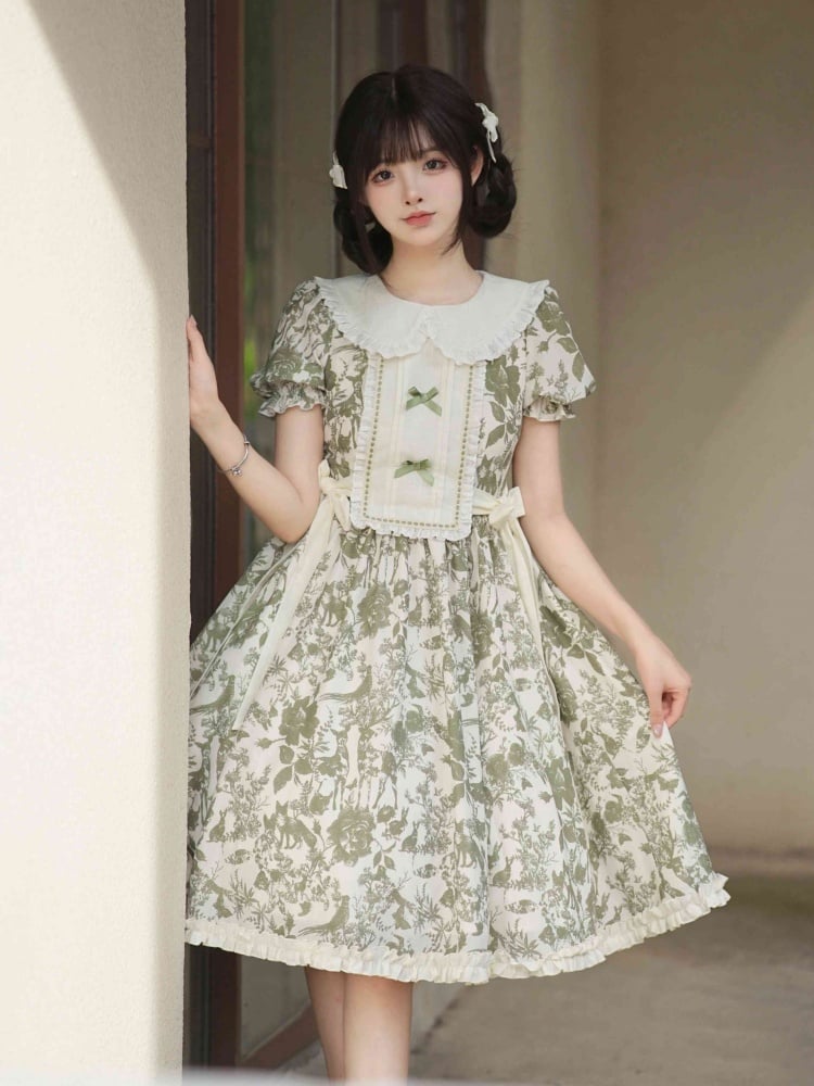 Summer Green Forest Print Beige Peter Pan Collar One Piece