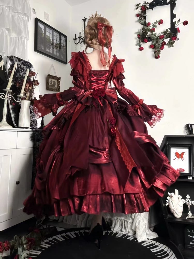 Vintage Gorgeous Red Dress Roses and Bead Chain Princess One Piece - Sukuroi