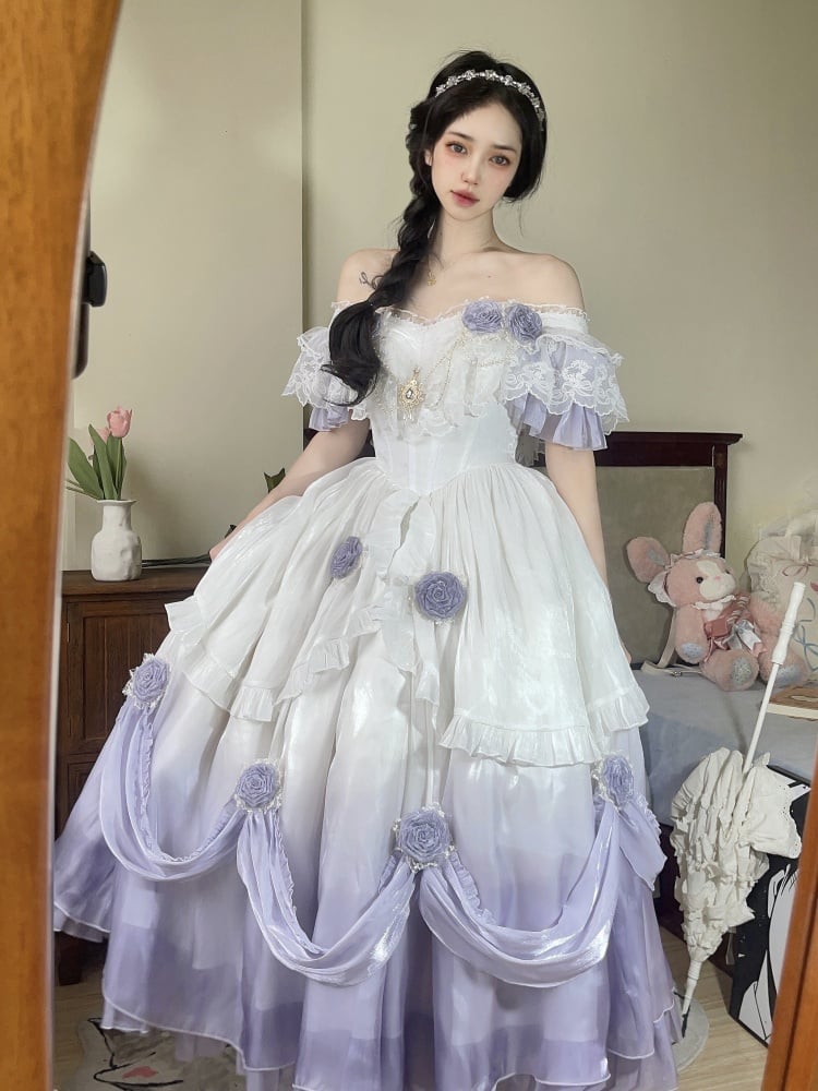 Purple Ombre Quinceanera Fairy Princess Dress Roses Decorated One Piece - Sukuroi
