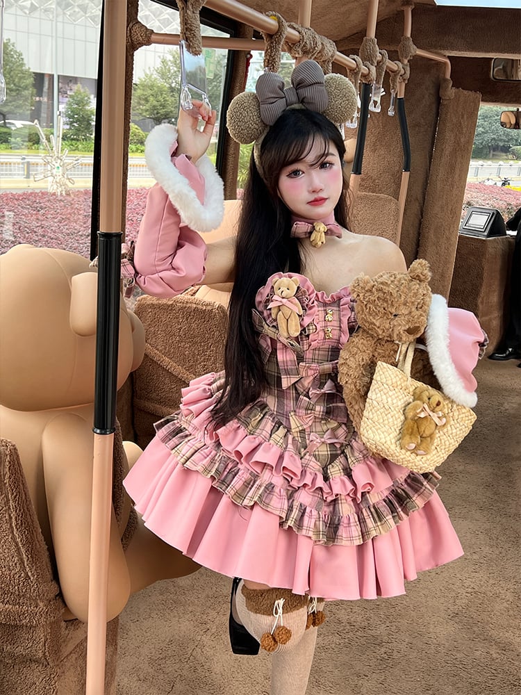 Sweet Bear Theme Pink and Brown Plaid Strapless Dress + Sleeves