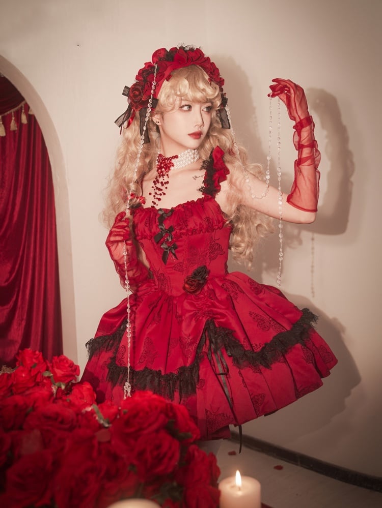 New Year Red Corset Waist Butterfly Print Jumper Skirt - Sukuroi