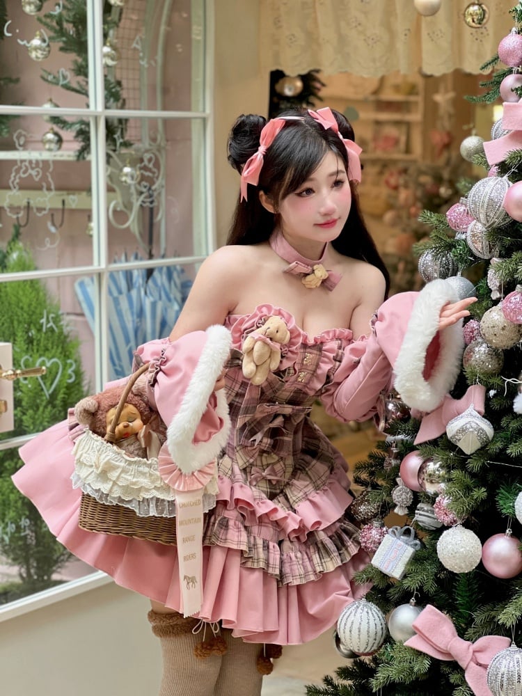 Sweet Bear Theme Pink and Brown Plaid Strapless Dress + Sleeves