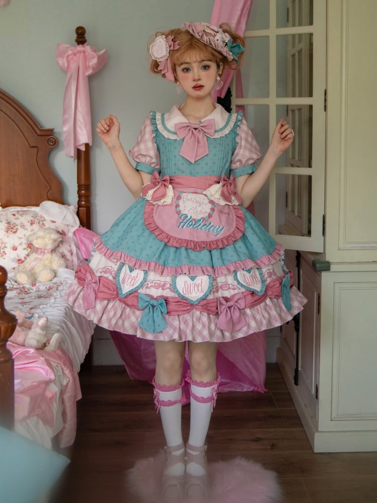 Sweet Peter Pan Collar Plaid Hemline and Sleeves One Piece Pink and Green