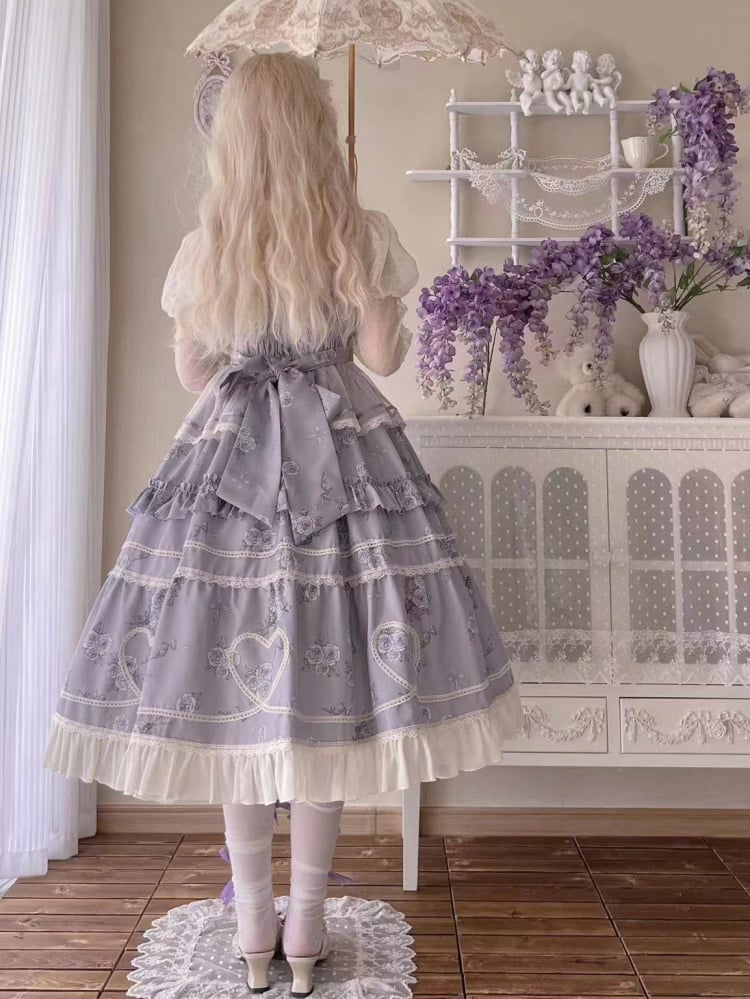 Purple Elegant Floral Dress Rosette Print Jumper Skirt - Sukuroi