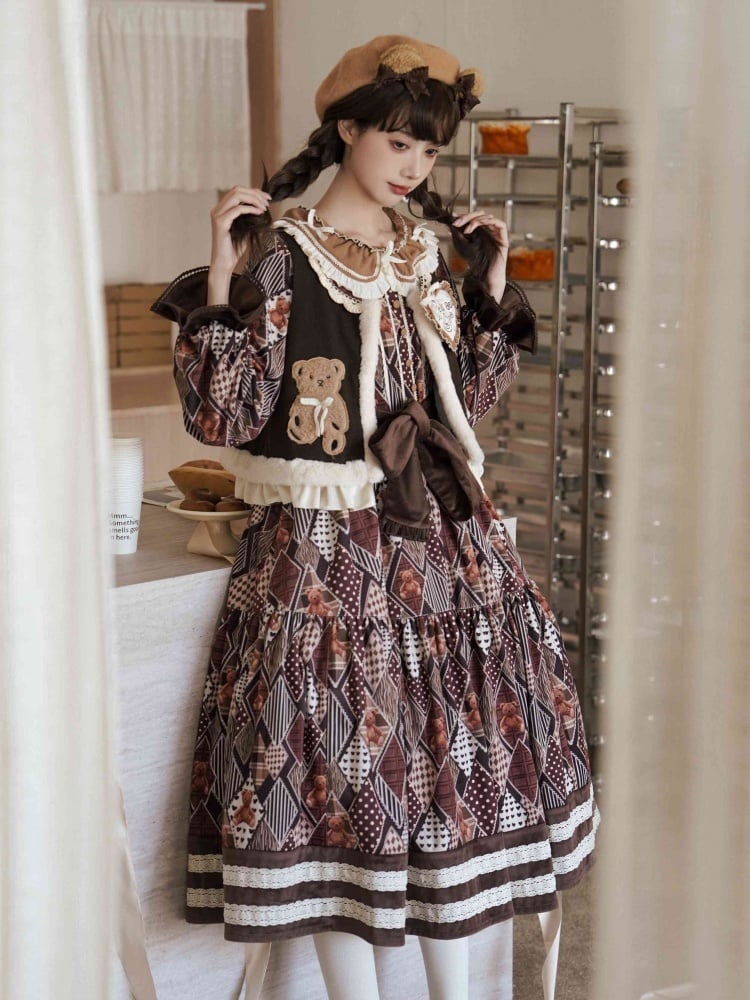 Teddy Diamond Pattern Print Brown Dress for Autumn and Winter