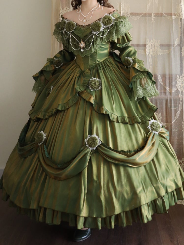 Oil Painting Green Classic Vintage Dress Roses and Bead Chain Princess One Piece - Sukuroi