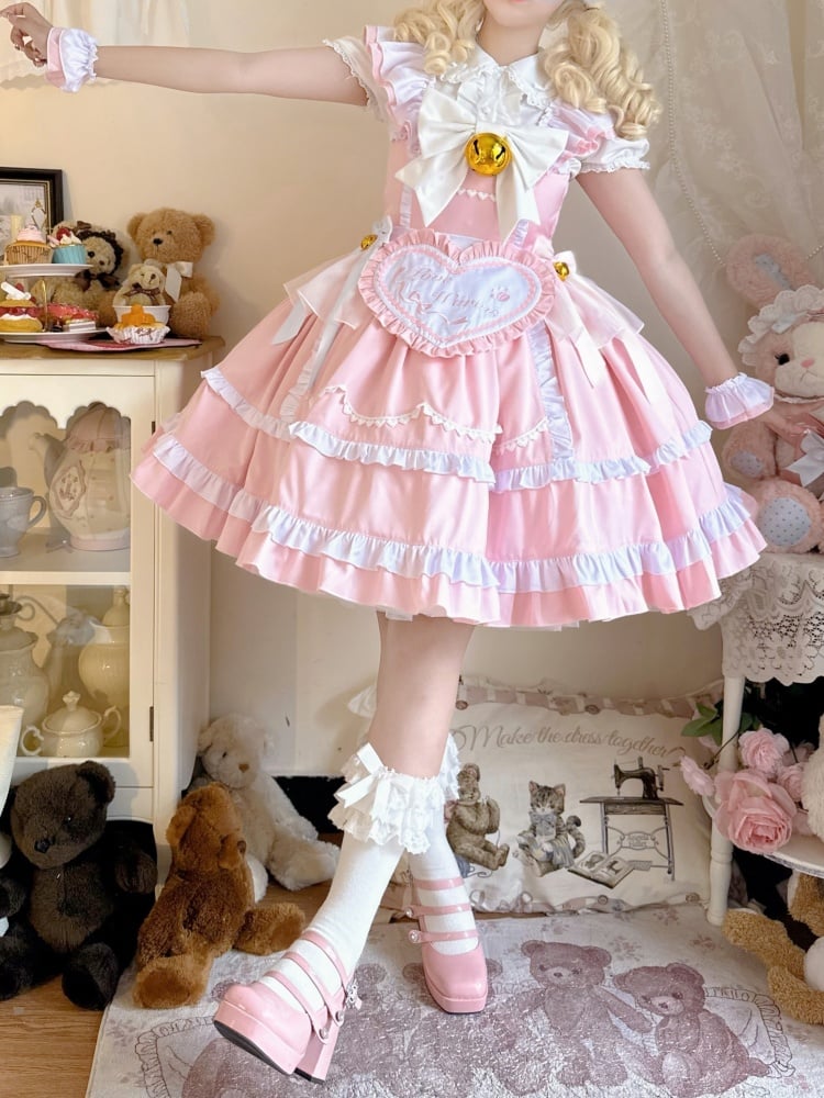 Pink High Waist Jumper Skirt with Heart Apron and Wristcuffs