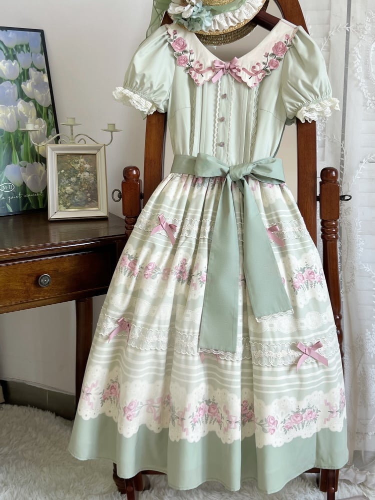 Rose Embroidery Collar Green and Pink Floral Dress One Piece