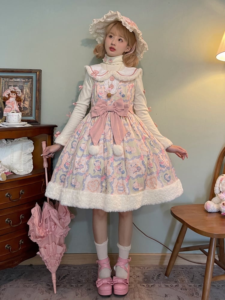 Kitty Print Sweet Pink and Green Winter Jumper Skirt - Sukuroi