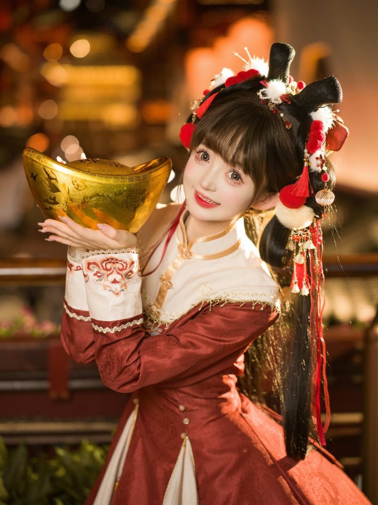 Red New Year Knot Button Banded Collar Qi One Piece