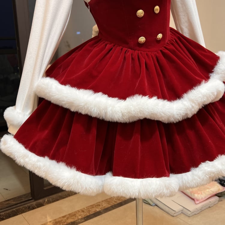 Red Christmas and New Year Velvet Overalls with White Plush Trim Sweet Puffy Skirt Dress - Sukuroi