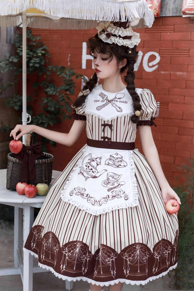 Stripe Pattern Tea Cup Print Apron One Piece Apricot and Coffee