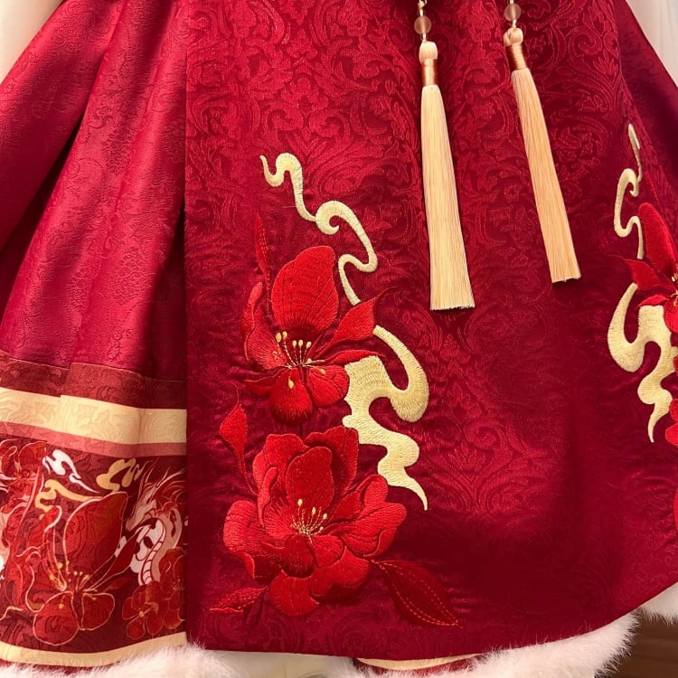 New Year Red Floral Embroidery One Piece Cheongsam Style Qi Lolita Winter Dress - Sukuroi