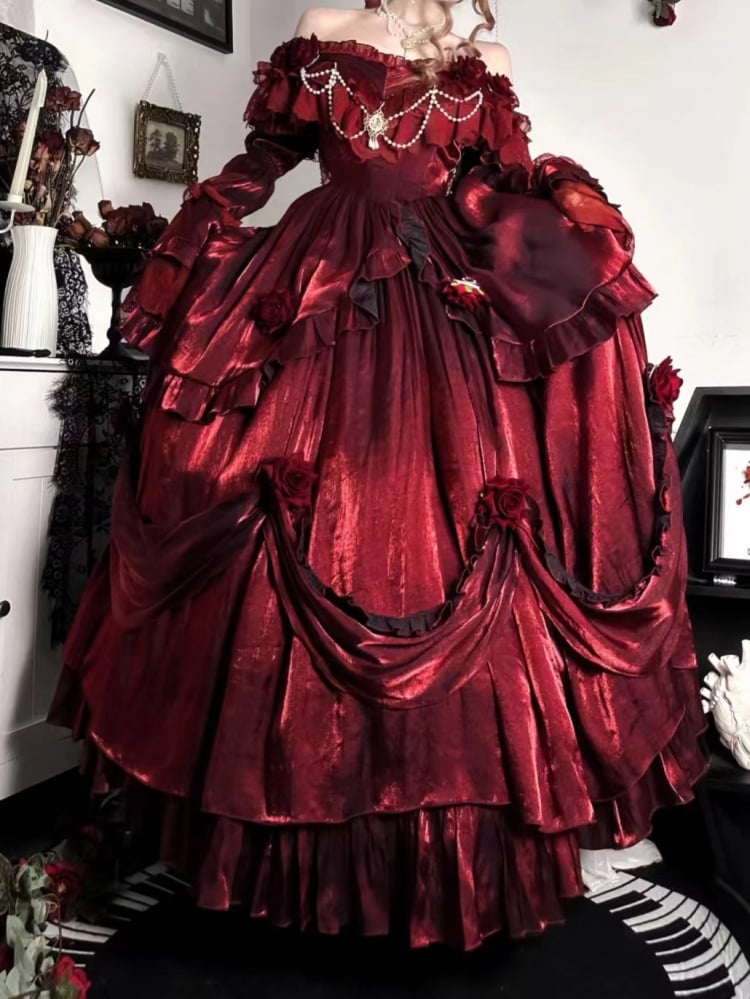 Vintage Gorgeous Red Dress Roses and Bead Chain Princess One Piece - Sukuroi