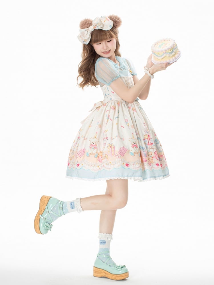 Sweet Teddy and Dessert Print High Waist Jumper Skirt