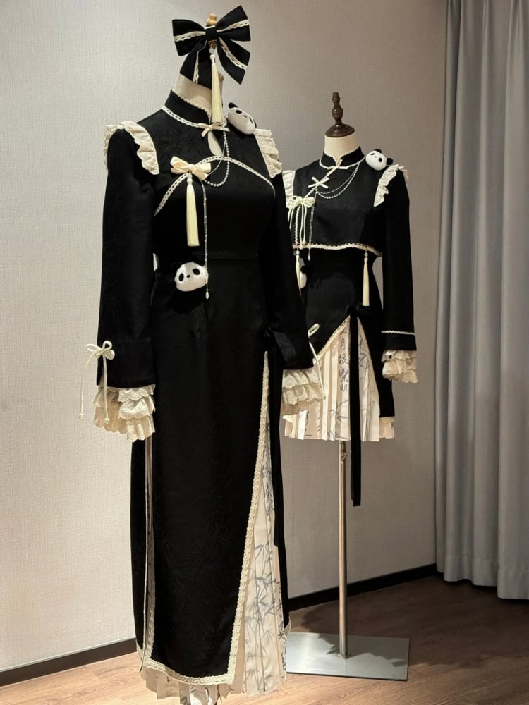 Black Banded Collar Pleated Skirt Qi Dress Panda Theme Qipao