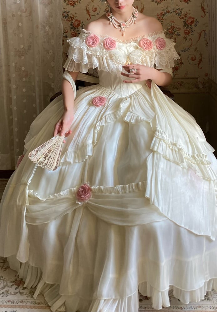 Ivory Princess Basque Waist Dress Roses and Bead Chain Lolita Wedding Dress - Sukuroi