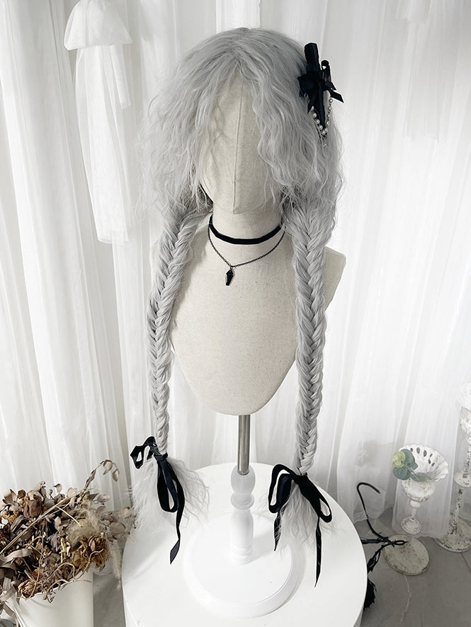 Grey 120CM Long Wavy Synthetic Wig with Curly Bangs