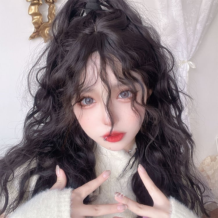 Black Brown Curly Long Synthetic Wig with Curly Bangs