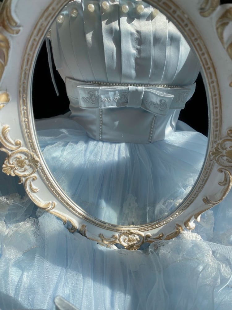 Light Blue Balletcore Princess Dress Pleating Details Bodice Puffy Skirt Jumper Skirt