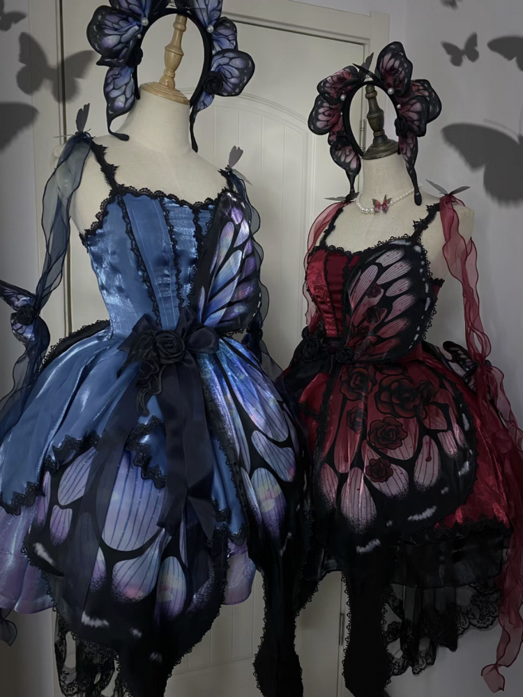 Wine Red Butterfly Jumper Skirt Gothic Princess Dress with Butterfly Train