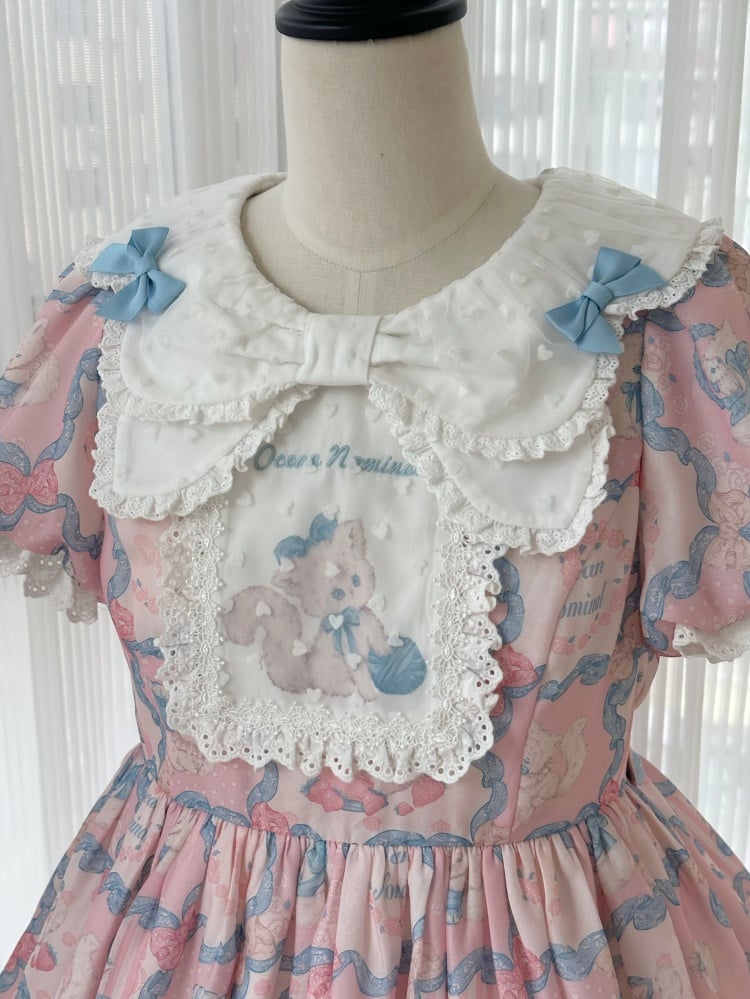 Pink and Blue Sweet Kitty Print High Waist One Piece - Sukuroi