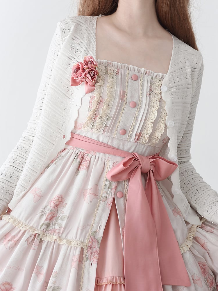 Pink Floral Print Front Button Placket Hem Jumper Skirt - Sukuroi