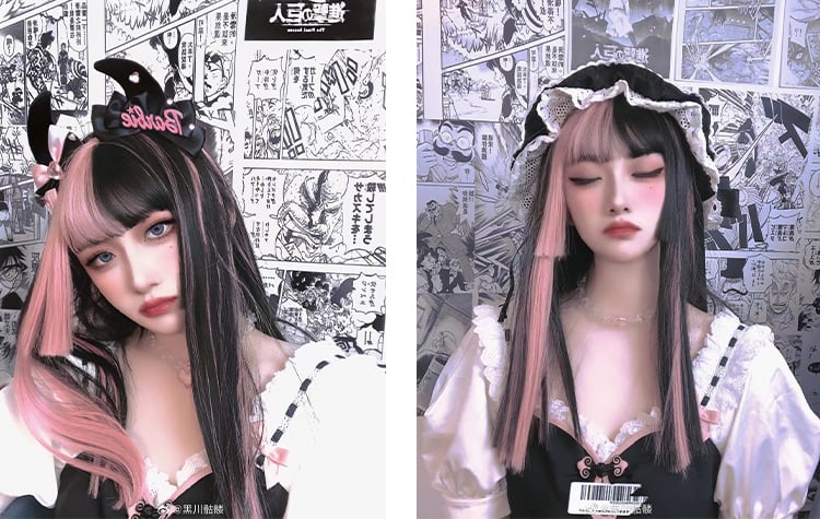 Pink Highlights Black Straight Medium Synthetic Wig