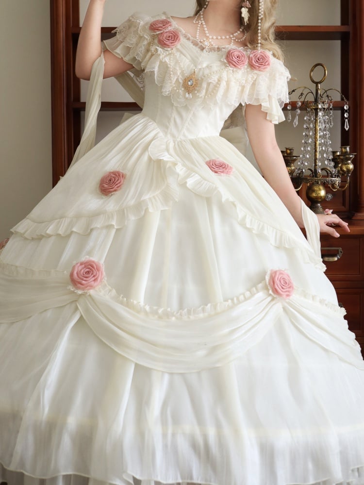 Ivory Princess Basque Waist Dress Roses and Bead Chain Lolita Wedding Dress - Sukuroi