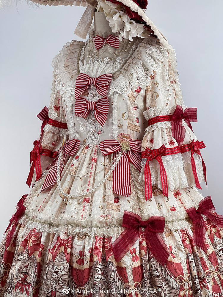 Ivory Fairy Tales Print Bowknot Details Lace Trim Long Sleeves One Piece