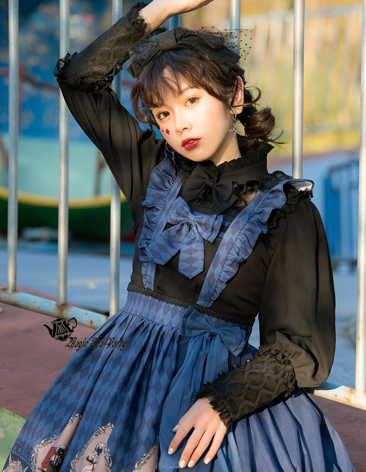 No One Lives Jumper Skirt in blue with lace blouse detail