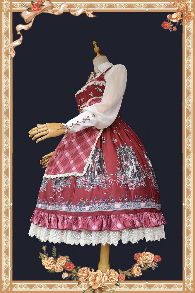 Side view of Little Red Riding Hood jumper skirt in red