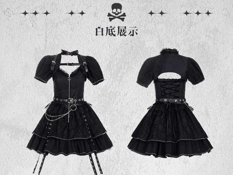 Imprisonment Zip V-neckline Tiered Skirt Punk Jumper Skirt / Top / Sleeves Full Set