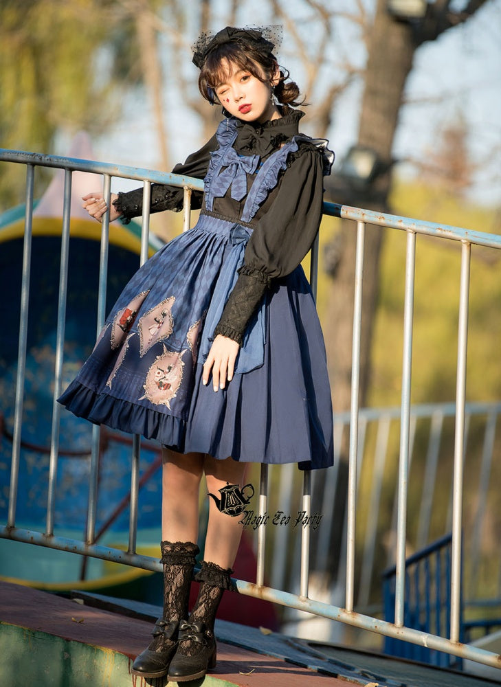 No One Lives Jumper Skirt in blue styled with black blouse and lace socks