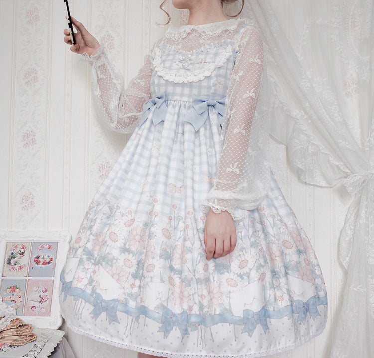 Margaret Floral Print Bowknot Details Gingham Pattern V-neck Jumper Skirt