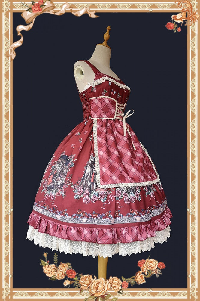 Side view of Little Red Riding Hood jumper skirt in red with lace trim