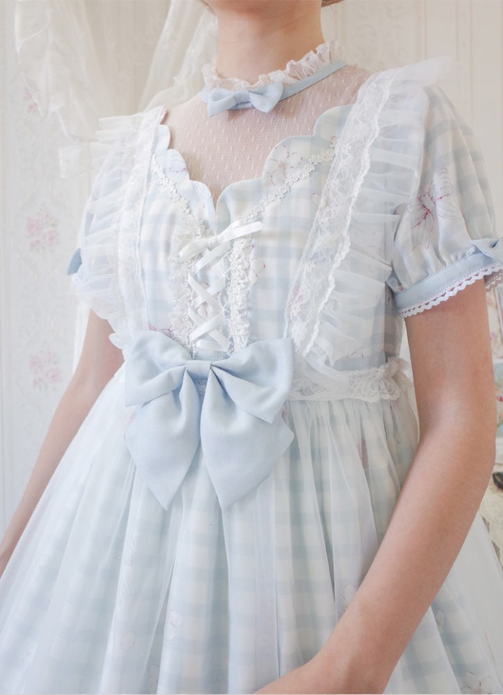 Margaret Floral Print Gingham Pattern Bowknot Details Short Sleeves One Piece
