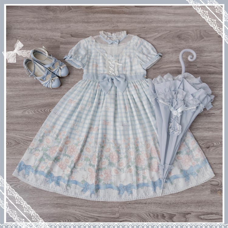 Margaret Floral Print Gingham Pattern Bowknot Details Short Sleeves One Piece