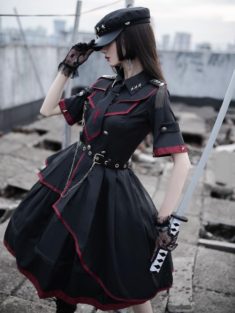 Black Gothic dress with red details styled for military cosplay look