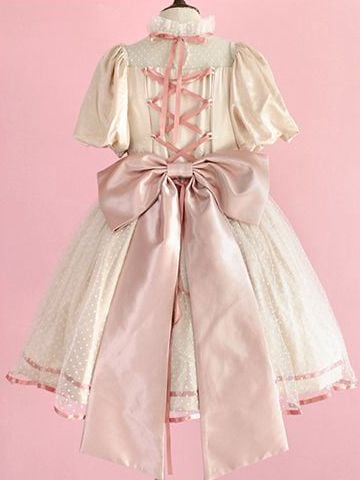 Jewel Heart Ruffle Neckline High Waist Lace-up Closure at Back Short Sleeves One Piece