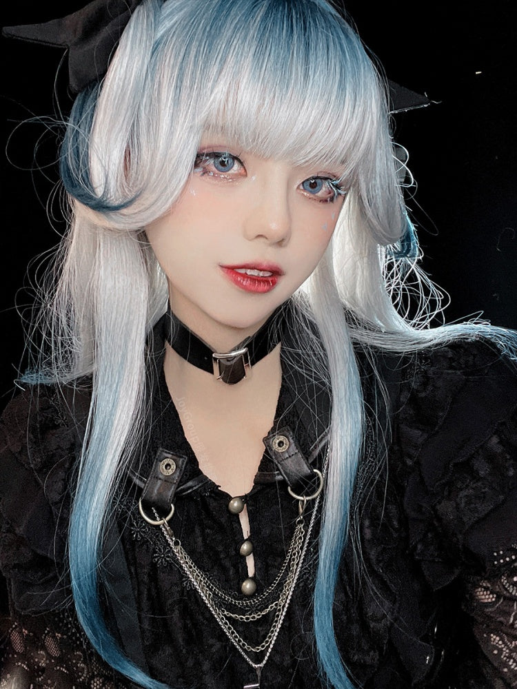 Long Straight Light Blue Ombre Hair Wig