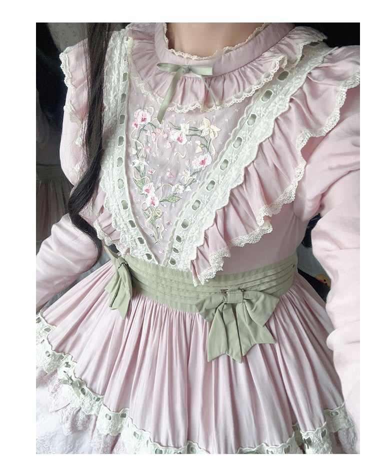 Pink Spring Orchid Embroidery One Piece Embroidered Trim Hemline - Sukuroi