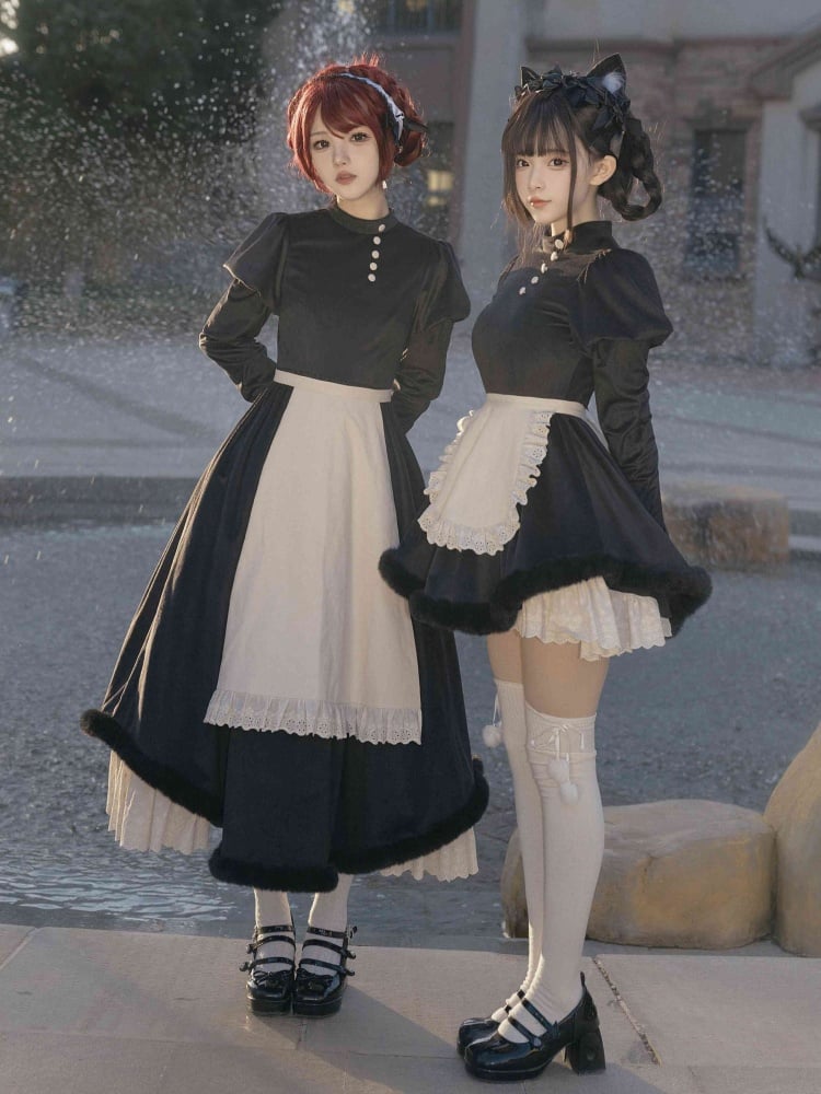 Black Short/Long Version Maid One Piece Plush Trim Cuffs and Hemline