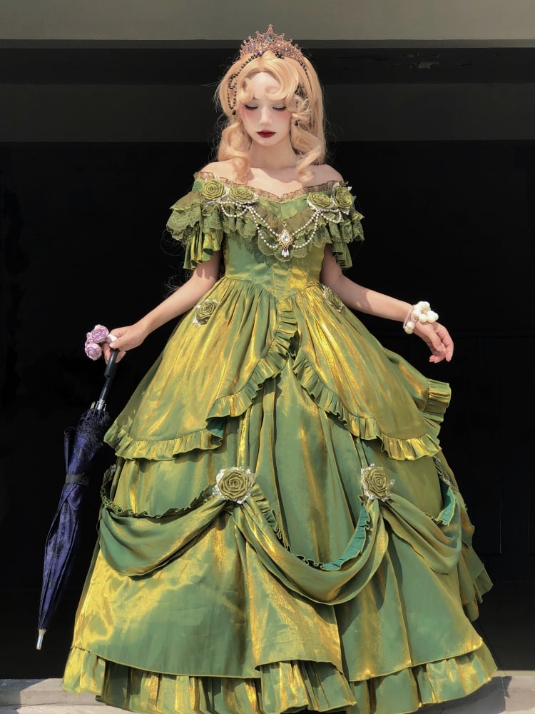 Oil Painting Green Classic Vintage Dress Roses and Bead Chain Princess One Piece - Sukuroi